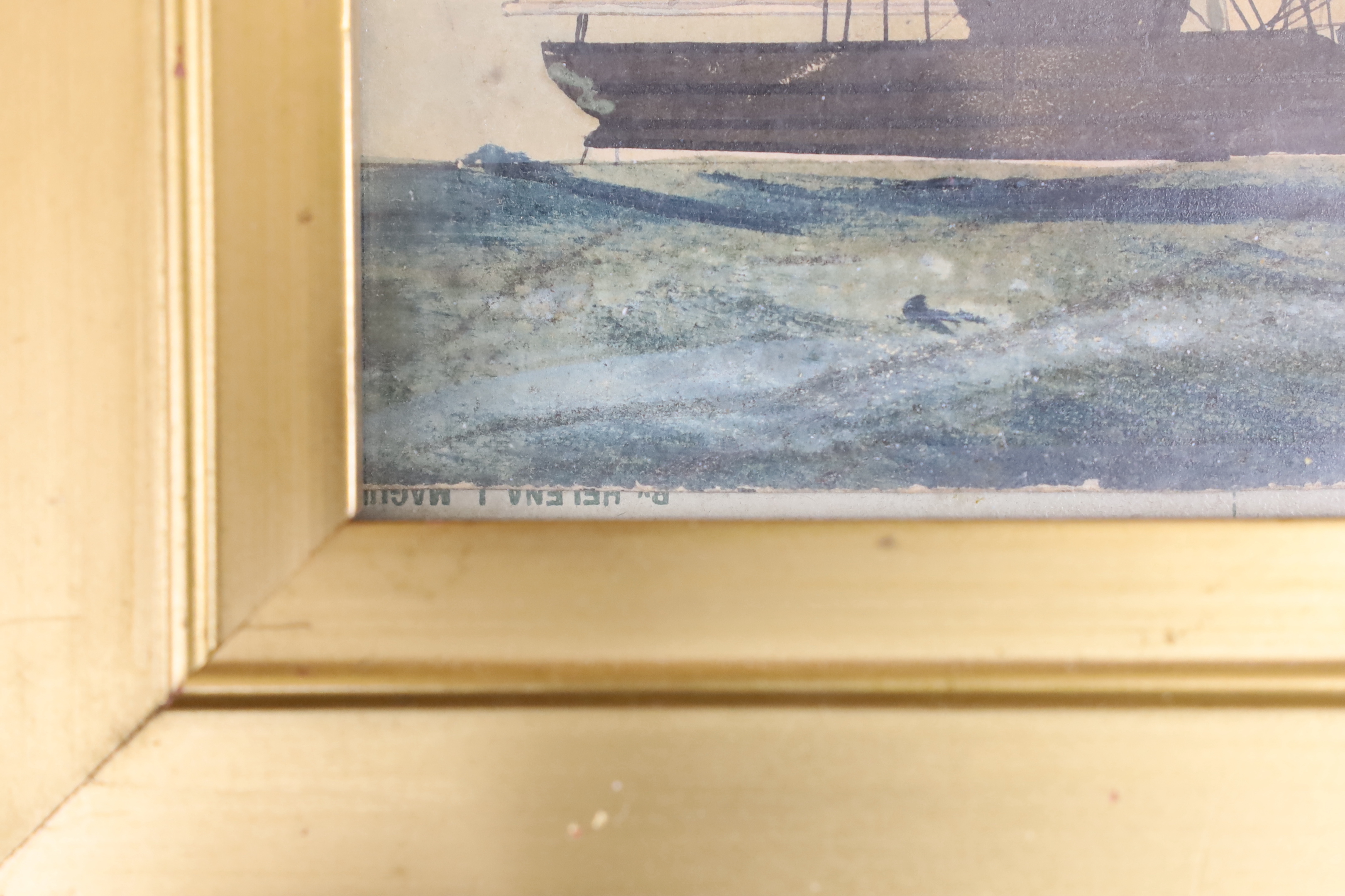 Mid 19th century, Naive English School, watercolour on card, A three masted coastal trader, 13 x 16.5cm gilt framed
